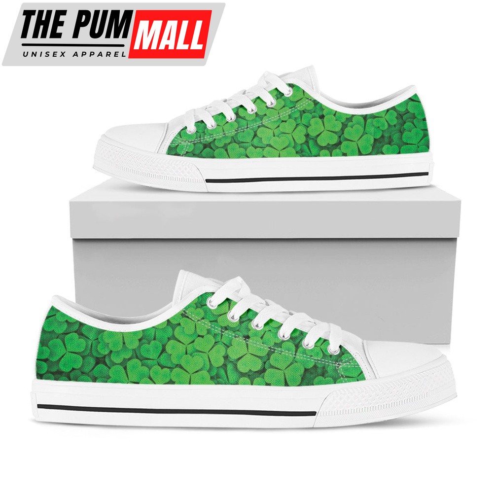 St Patrick’s Day Shoes, Green Clover St. Patrick’s Day Print White Low Top Shoes, St Patrick’s Day Sneakers