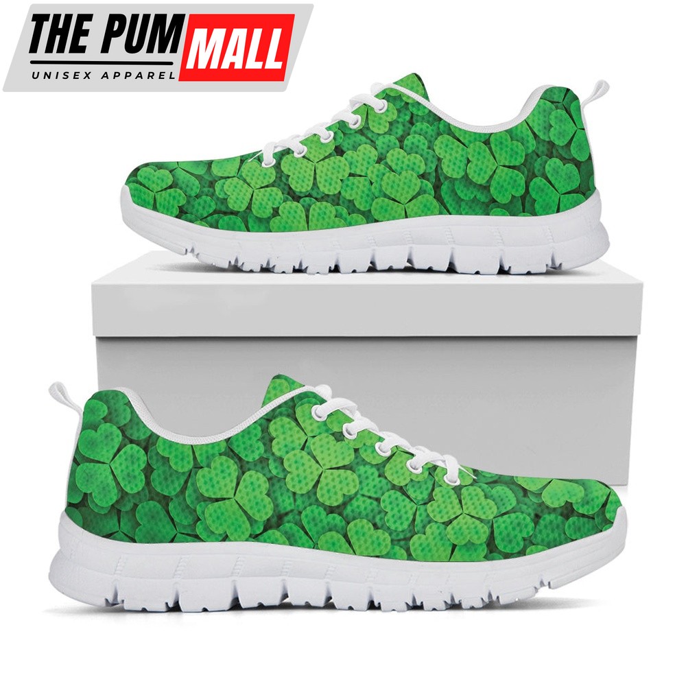 St Patrick’s Day Shoes, Green Clover St. Patrick’s Day Print White Running Shoes, St Patrick’s Day Sneakers