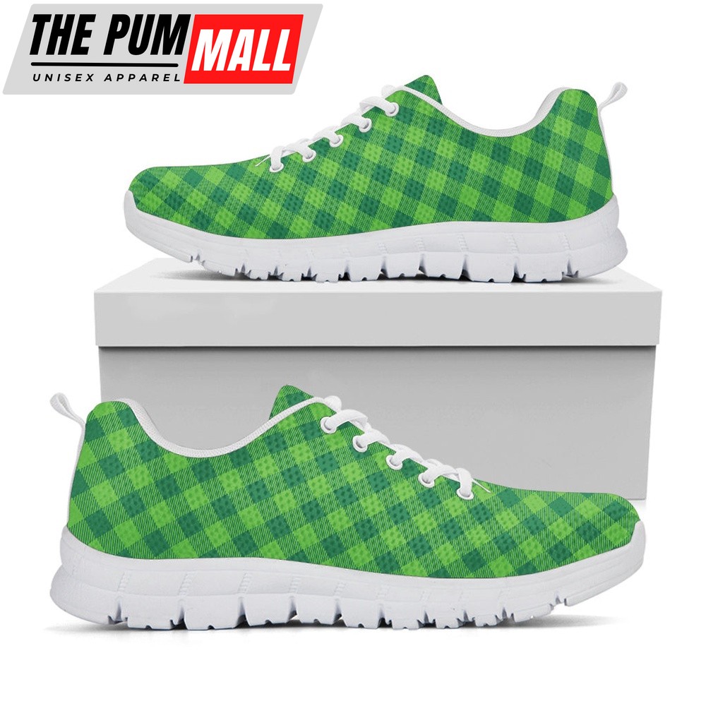 St Patrick’s Day Shoes, Green St. Patrick’s Day Plaid Print White Running Shoes, St Patrick’s Day Sneakers