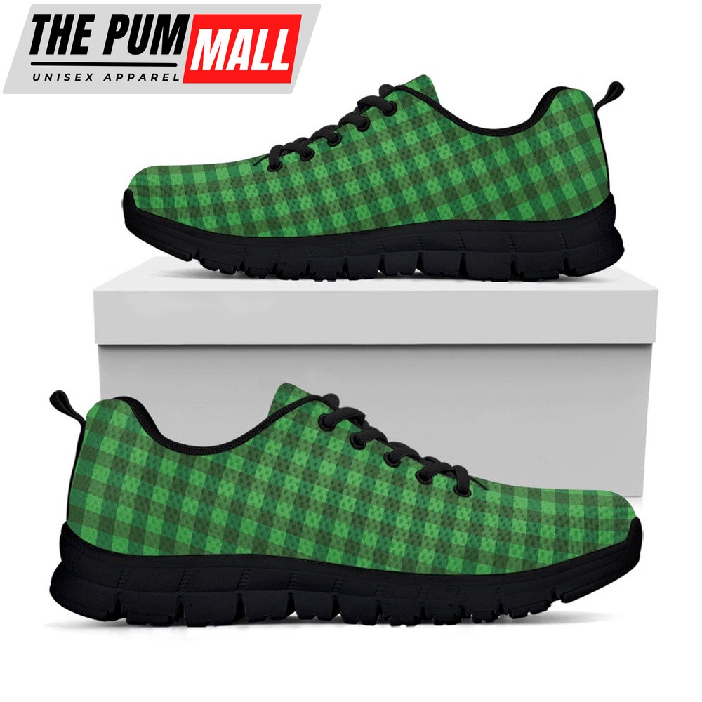St Patrick’s Day Shoes, Green Tartan Saint Patrick’s Day Print Black Running Shoes, St Patrick’s Day Sneakers