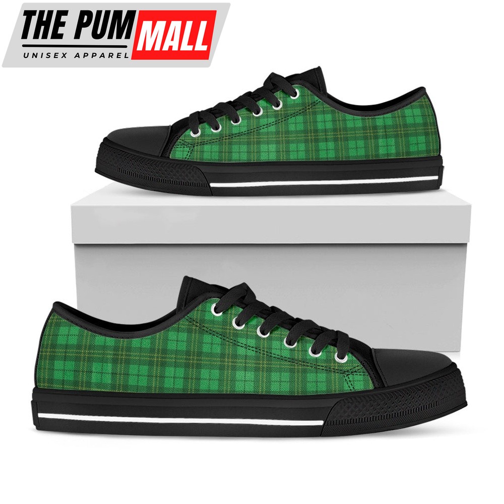 St Patrick’s Day Shoes, Green Tartan St. Patrick’s Day Print Black Low Top Shoes, St Patrick’s Day Sneakers