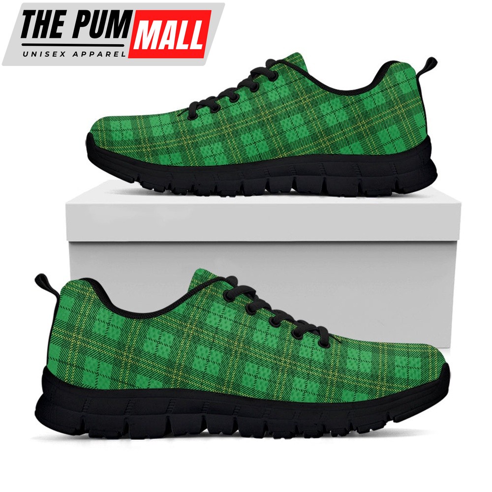 St Patrick’s Day Shoes, Green Tartan St. Patrick’s Day Print Black Running Shoes, St Patrick’s Day Sneakers