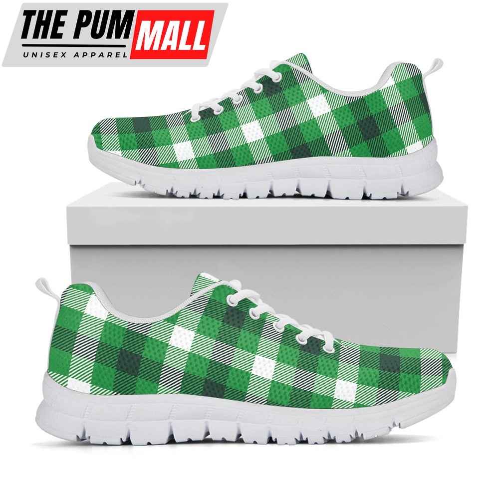 St Patrick’s Day Shoes, Irish Check Saint Patrick’s Day Print White Running Shoes, St Patrick’s Day Sneakers