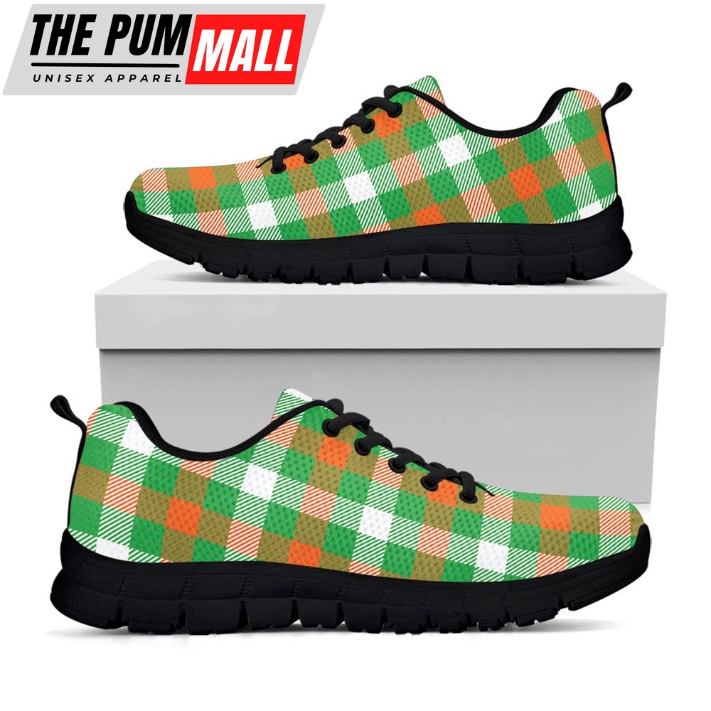 St Patrick’s Day Shoes, Irish Checkered St. Patrick’s Day Print Black Running Shoes, St Patrick’s Day Sneakers