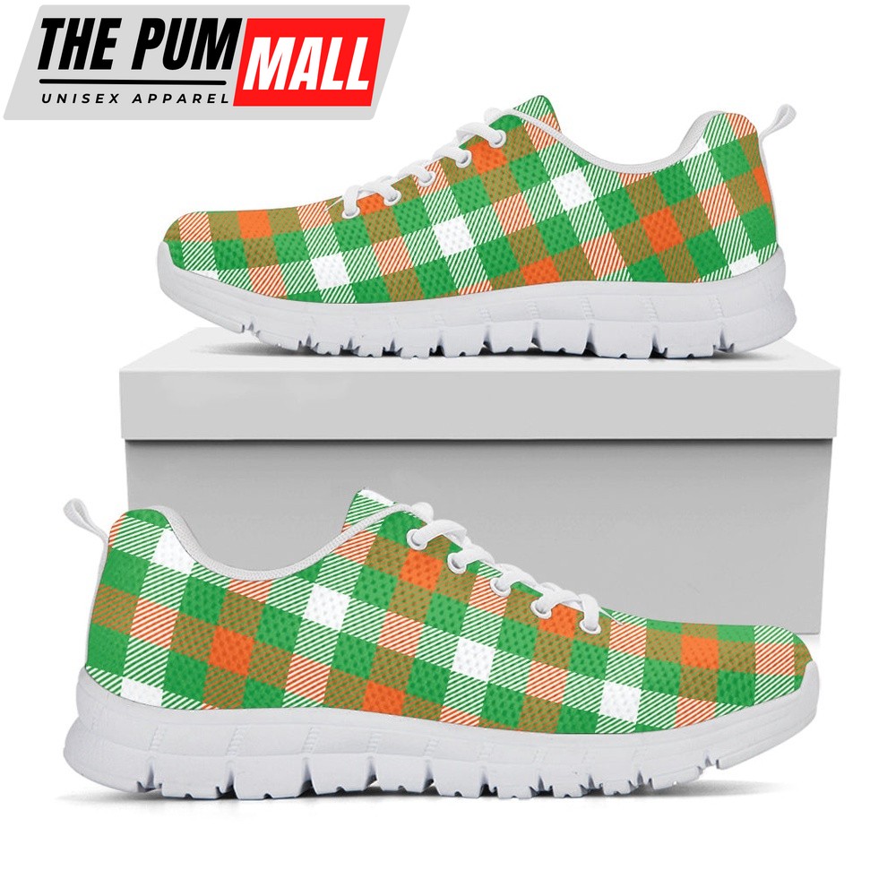 St Patrick’s Day Shoes, Irish Checkered St. Patrick’s Day Print White Running Shoes, St Patrick’s Day Sneakers