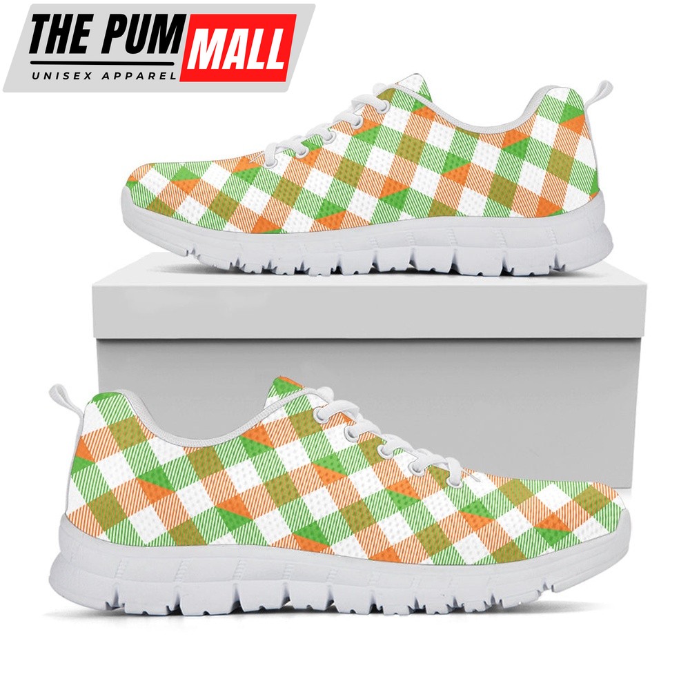 St Patrick’s Day Shoes, Irish Plaid Saint Patrick’s Day Print White Running Shoes, St Patrick’s Day Sneakers