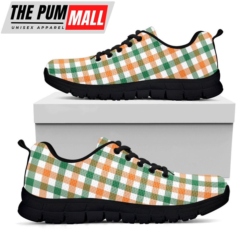 St Patrick’s Day Shoes, Irish Plaid St. Patrick’s Day Print Black Running Shoes, St Patrick’s Day Sneakers