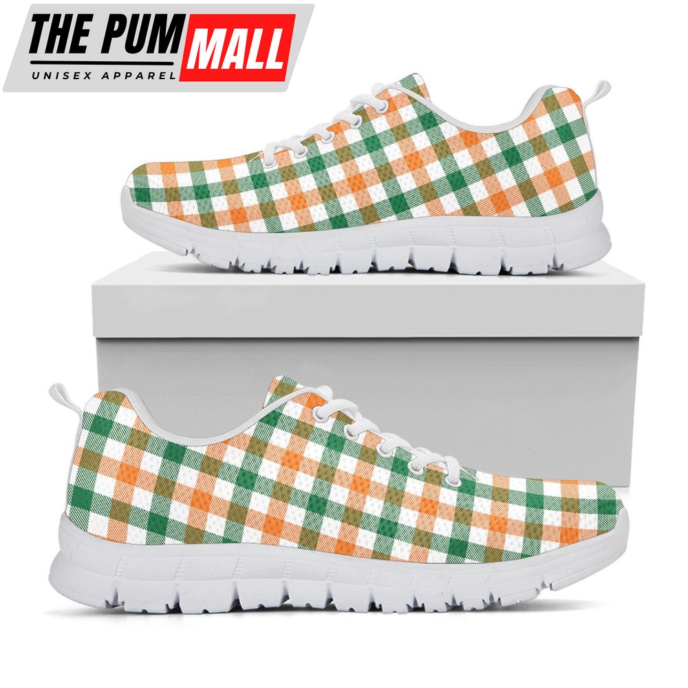 St Patrick’s Day Shoes, Irish Plaid St. Patrick’s Day Print White Running Shoes, St Patrick’s Day Sneakers