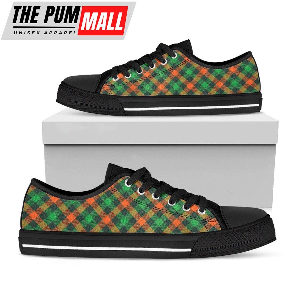 St Patrick’s Day Shoes, Irish Saint Patrick’s Day Plaid Print Black Low Top Shoes, St Patrick’s Day Sneakers