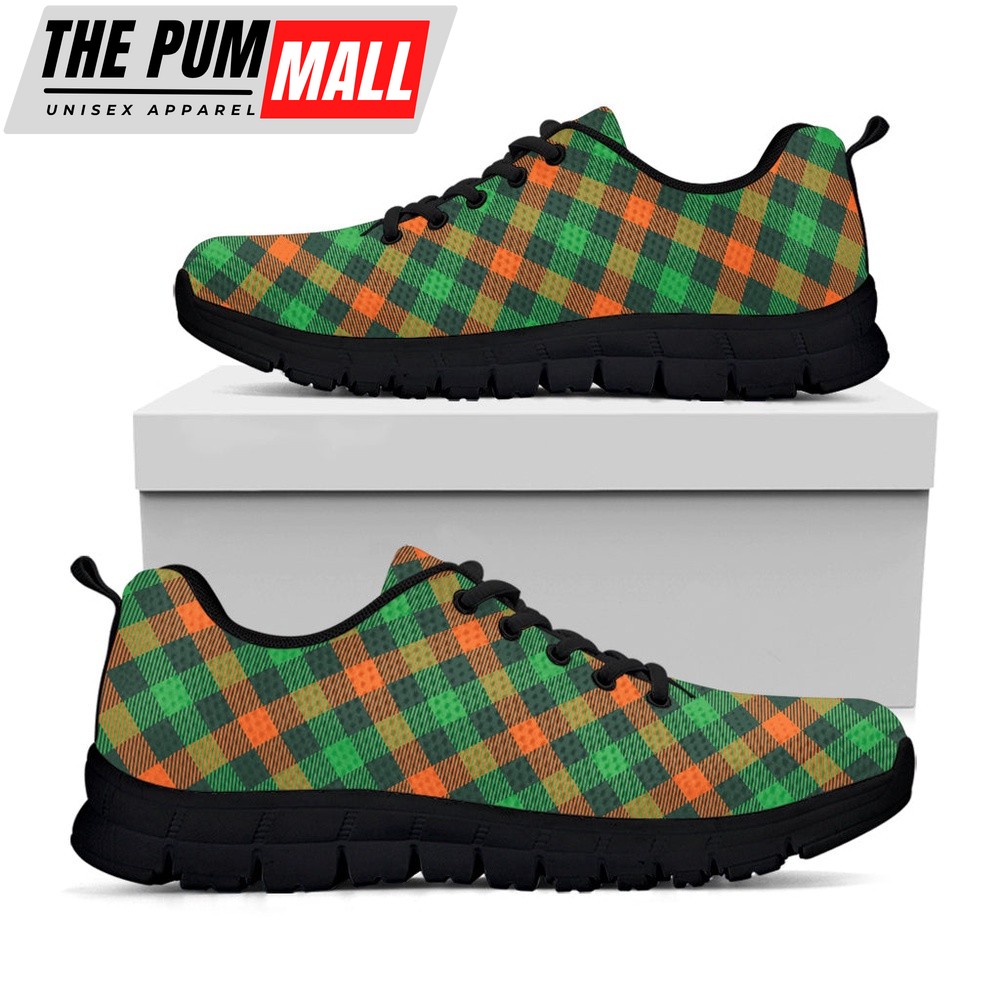 St Patrick’s Day Shoes, Irish Saint Patrick’s Day Plaid Print Black Running Shoes, St Patrick’s Day Sneakers