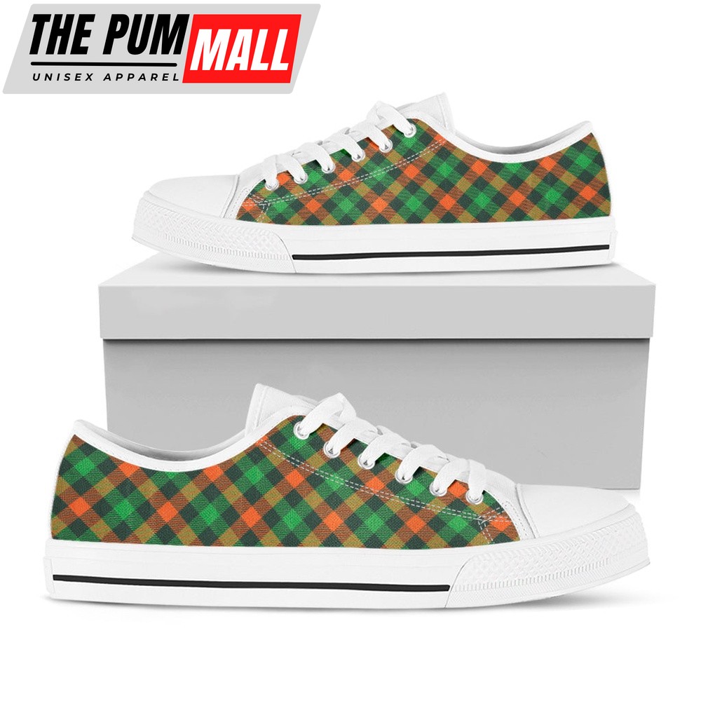 St Patrick’s Day Shoes, Irish Saint Patrick’s Day Plaid Print White Low Top Shoes, St Patrick’s Day Sneakers