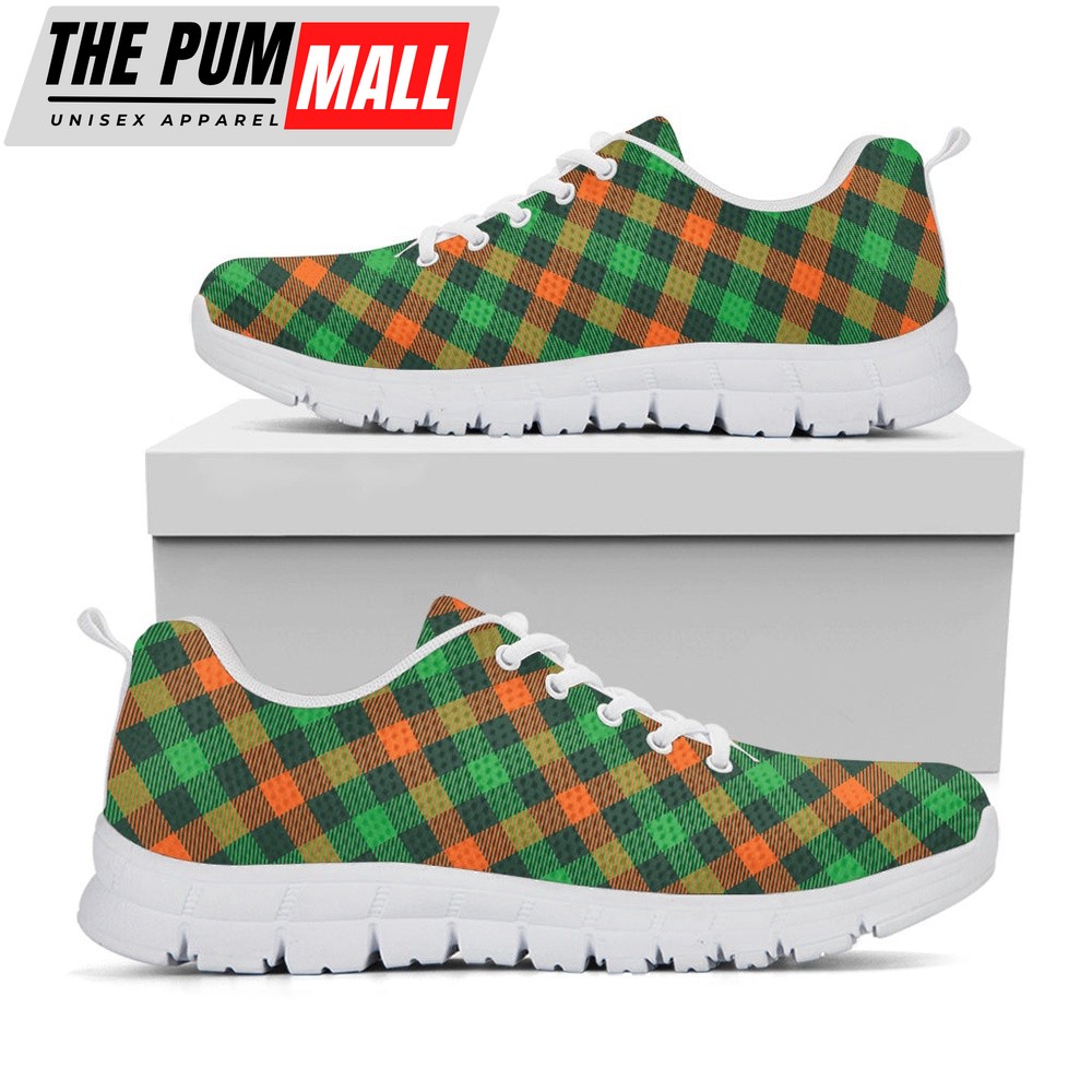 St Patrick’s Day Shoes, Irish Saint Patrick’s Day Plaid Print White Running Shoes, St Patrick’s Day Sneakers