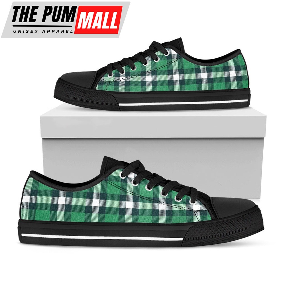 St Patrick’s Day Shoes, Irish St. Patrick’s Day Plaid Print Black Low Top Shoes, St Patrick’s Day Sneakers
