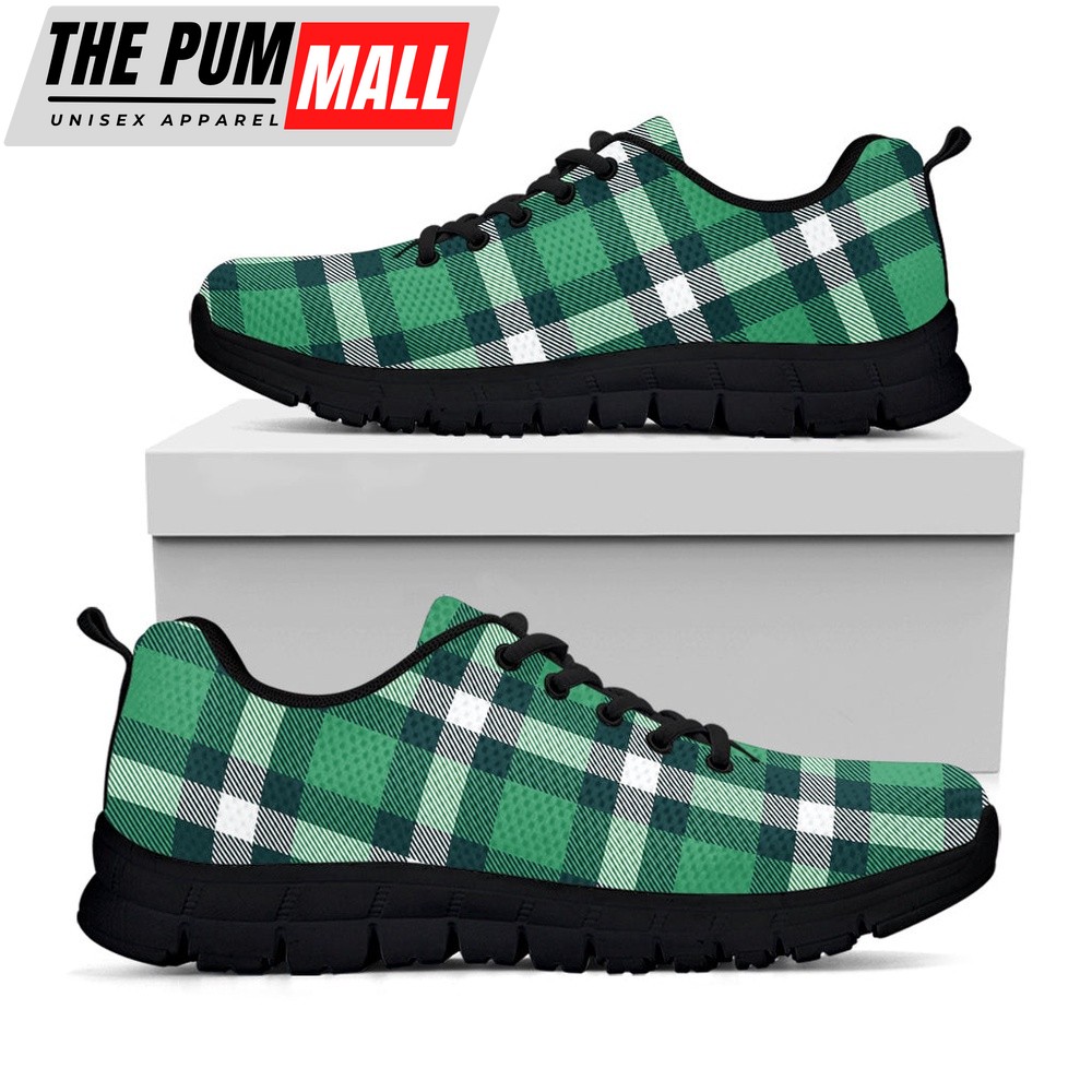 St Patrick’s Day Shoes, Irish St. Patrick’s Day Plaid Print Black Running Shoes, St Patrick’s Day Sneakers