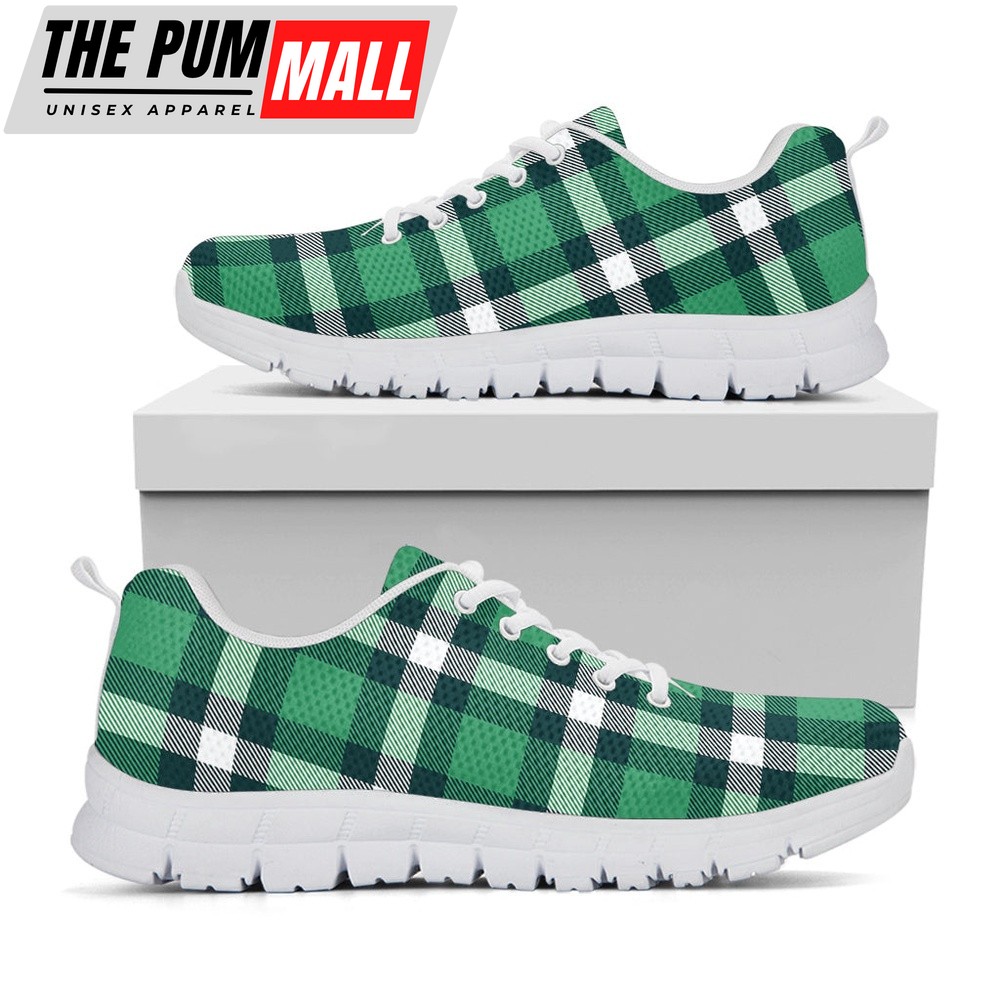 St Patrick’s Day Shoes, Irish St. Patrick’s Day Plaid Print White Running Shoes, St Patrick’s Day Sneakers