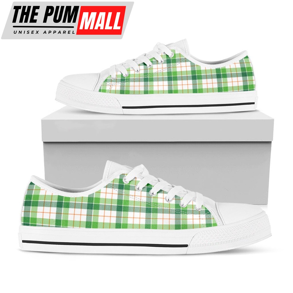 St Patrick’s Day Shoes, Irish St. Patrick’s Day Tartan Print White Low Top Shoes, St Patrick’s Day Sneakers