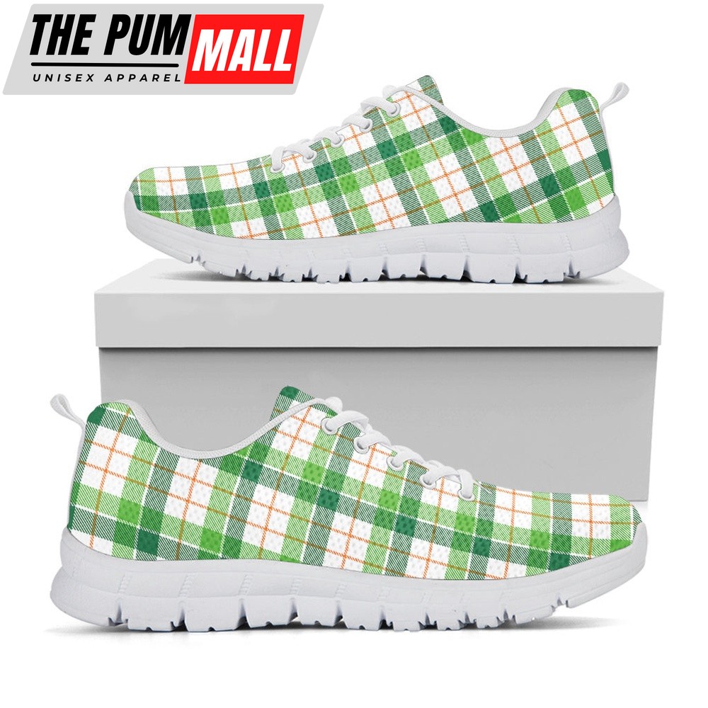 St Patrick’s Day Shoes, Irish St. Patrick’s Day Tartan Print White Running Shoes, St Patrick’s Day Sneakers