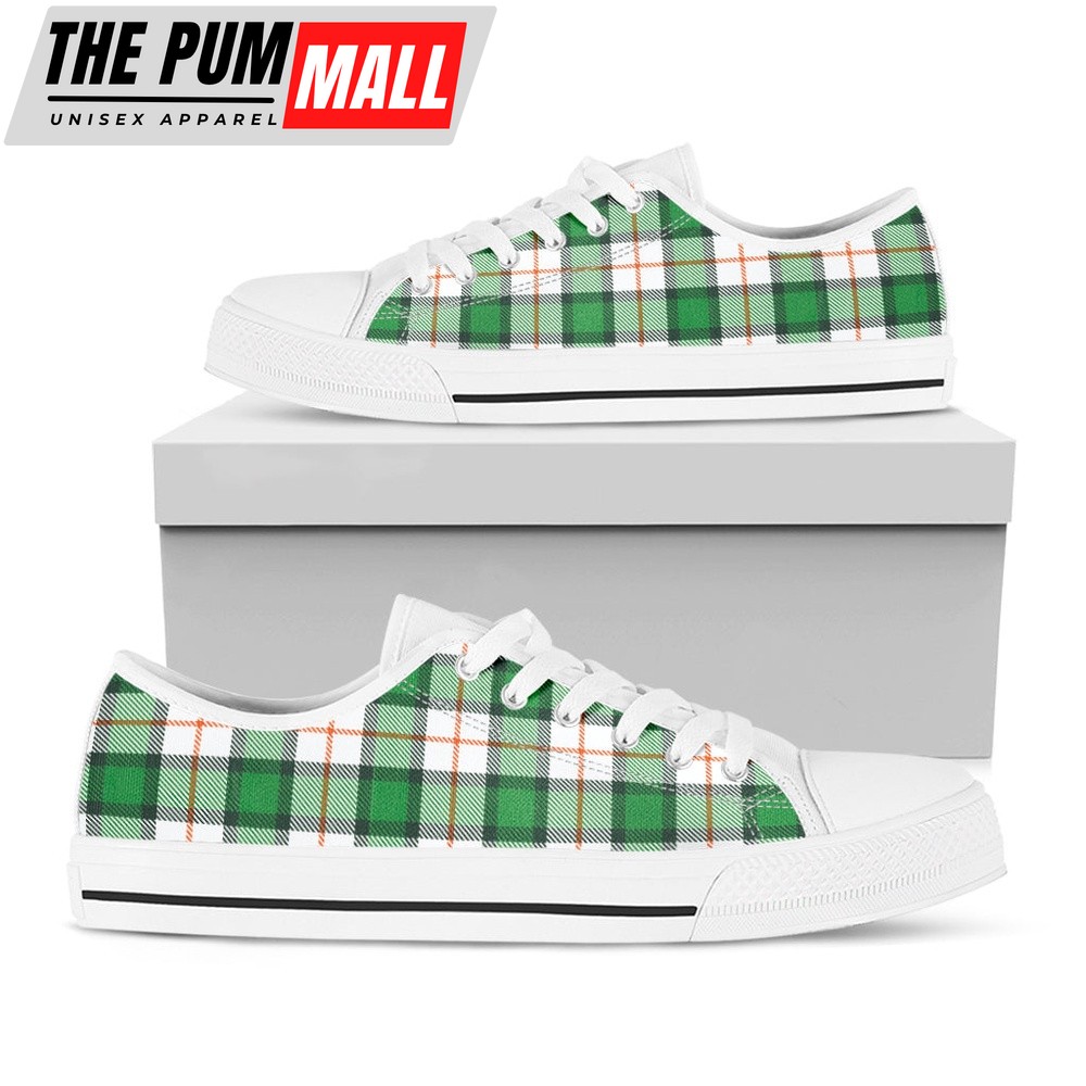 St Patrick’s Day Shoes, Irish Tartan St. Patrick’s Day Print White Low Top Shoes, St Patrick’s Day Sneakers