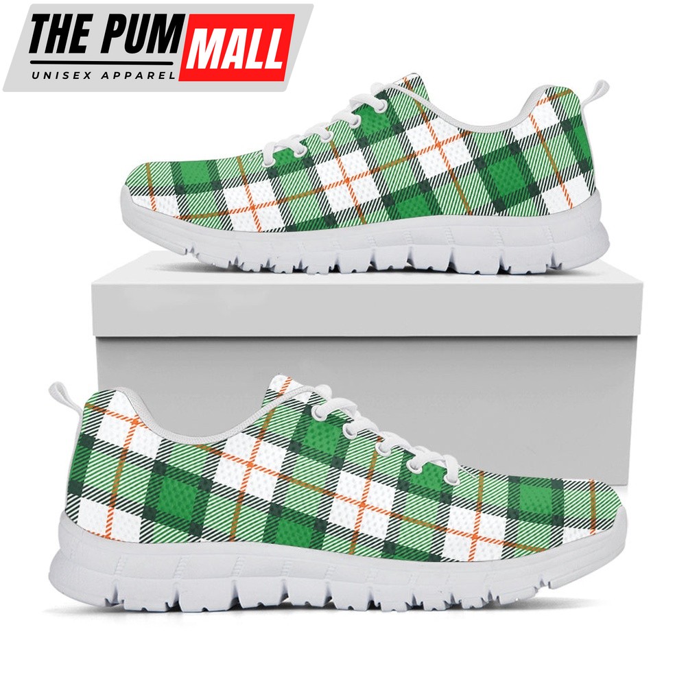 St Patrick’s Day Shoes, Irish Tartan St. Patrick’s Day Print White Running Shoes, St Patrick’s Day Sneakers