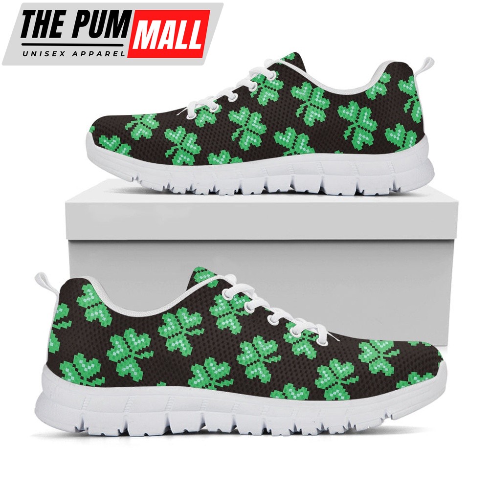 St Patrick’s Day Shoes, Pixel Clover St. Patrick’s Day Print White Running Shoes, St Patrick’s Day Sneakers