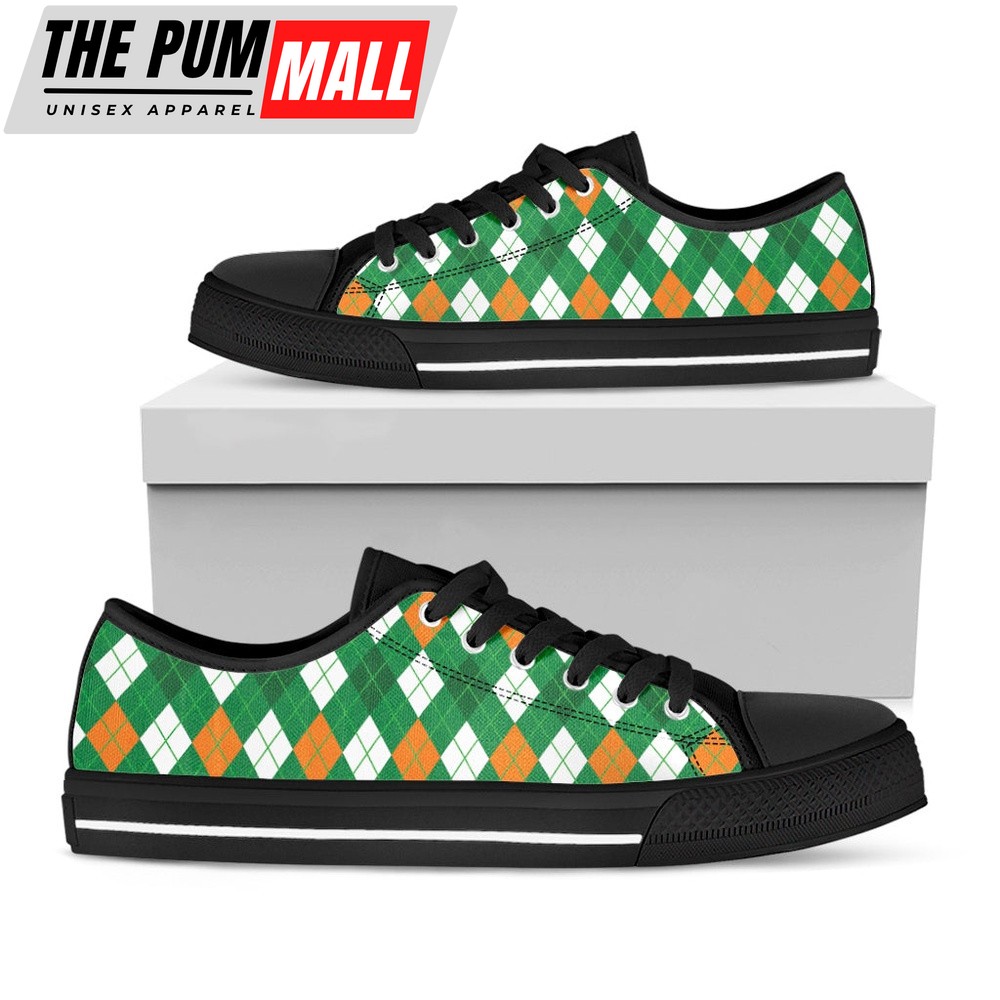 St Patrick’s Day Shoes, Saint Patrick’s Day Argyle Pattern Print Black Low Top Shoes, St Patrick’s Day Sneakers
