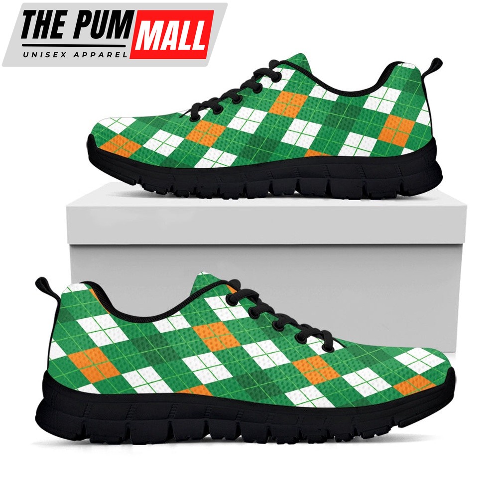 St Patrick’s Day Shoes, Saint Patrick’s Day Argyle Pattern Print Black Running Shoes, St Patrick’s Day Sneakers
