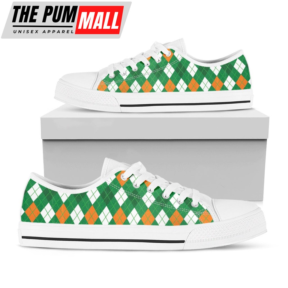 St Patrick’s Day Shoes, Saint Patrick’s Day Argyle Pattern Print White Low Top Shoes, St Patrick’s Day Sneakers