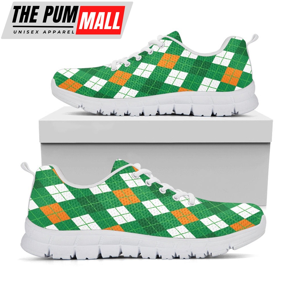 St Patrick’s Day Shoes, Saint Patrick’s Day Argyle Pattern Print White Running Shoes, St Patrick’s Day Sneakers