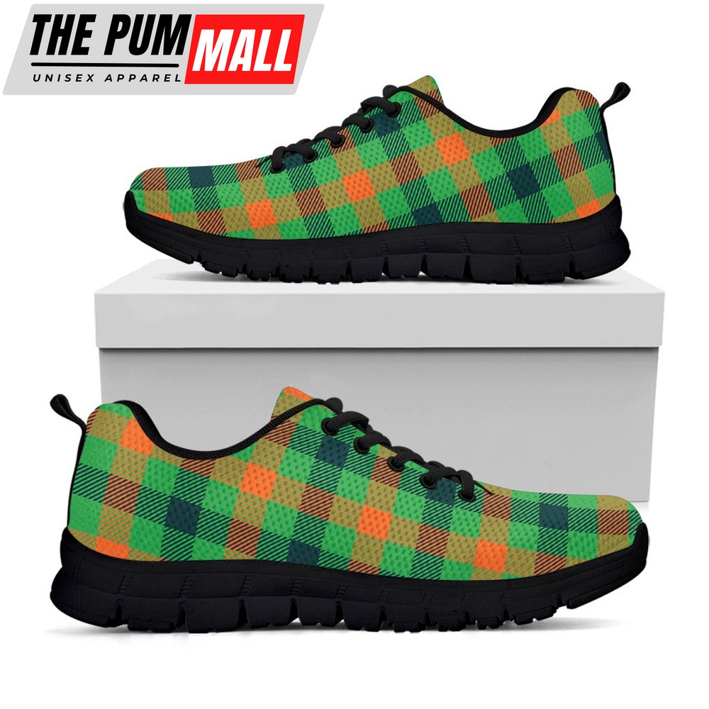 St Patrick’s Day Shoes, Saint Patrick’s Day Buffalo Plaid Print Black Running Shoes, St Patrick’s Day Sneakers