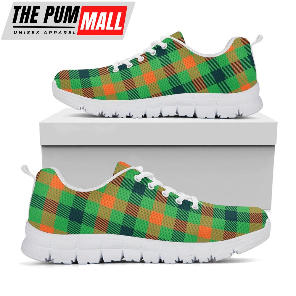St Patrick’s Day Shoes, Saint Patrick’s Day Buffalo Plaid Print White Running Shoes, St Patrick’s Day Sneakers