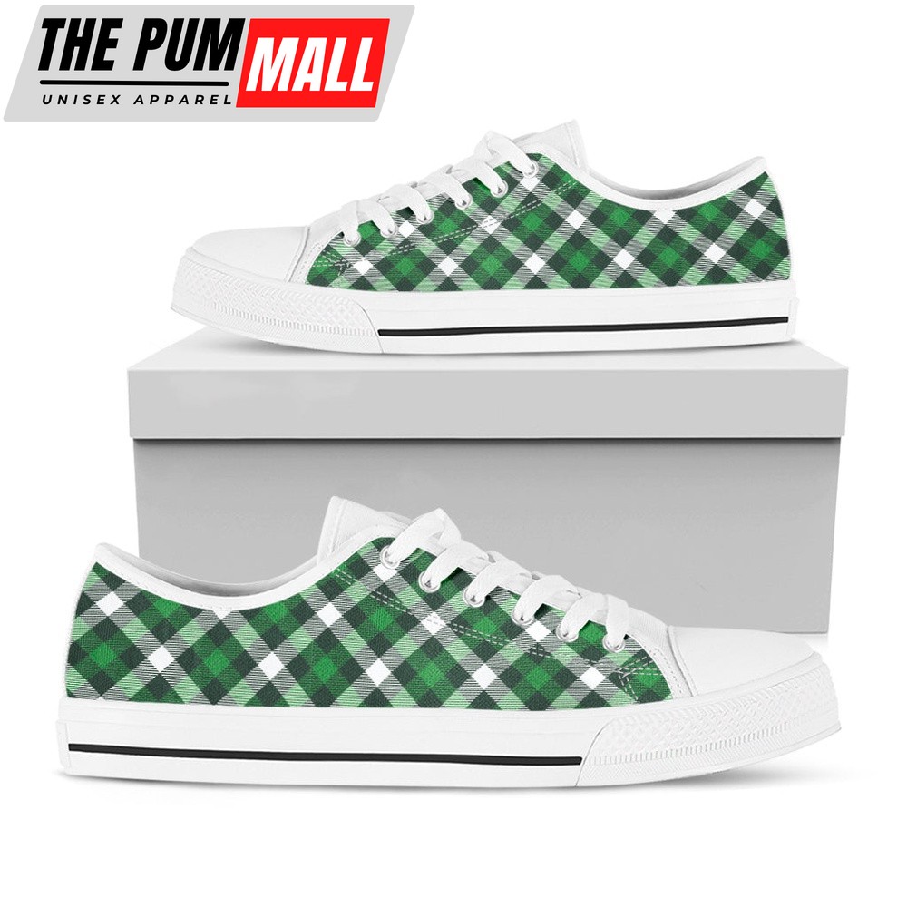 St Patrick’s Day Shoes, Saint Patrick’s Day Plaid Pattern Print White Low Top Shoes, St Patrick’s Day Sneakers