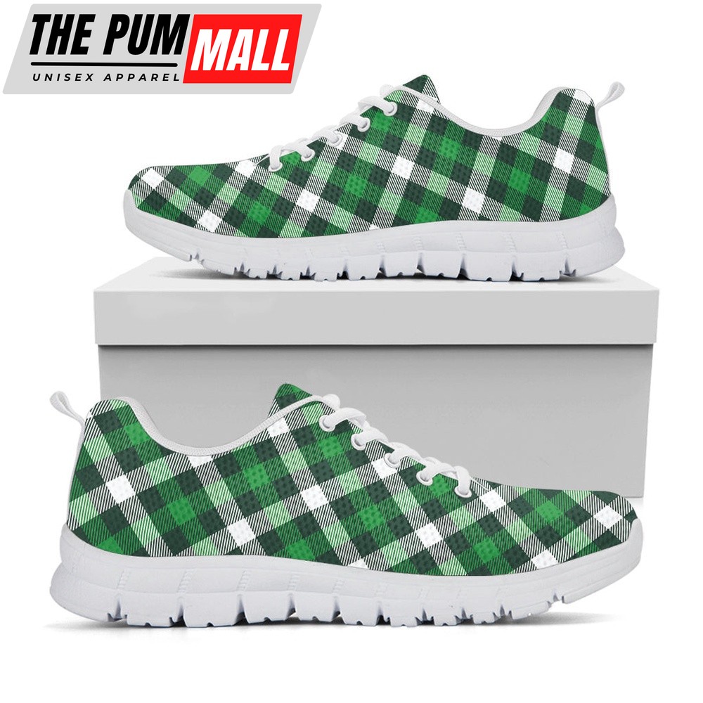 St Patrick’s Day Shoes, Saint Patrick’s Day Plaid Pattern Print White Running Shoes, St Patrick’s Day Sneakers
