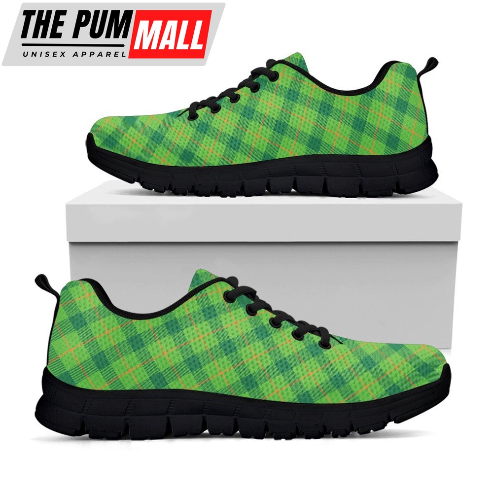 St Patrick’s Day Shoes, Saint Patrick’s Day Scottish Plaid Print Black Running Shoes, St Patrick’s Day Sneakers