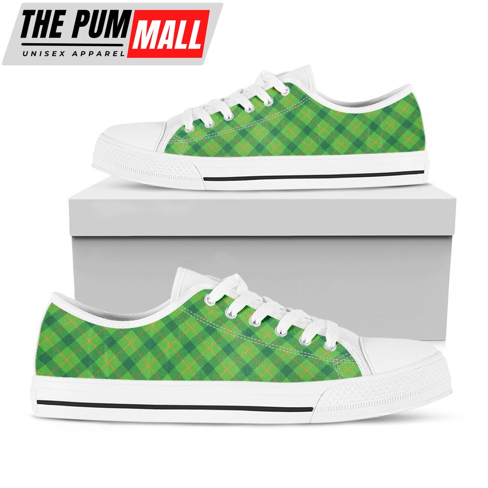 St Patrick’s Day Shoes, Saint Patrick’s Day Scottish Plaid Print White Low Top Shoes, St Patrick’s Day Sneakers