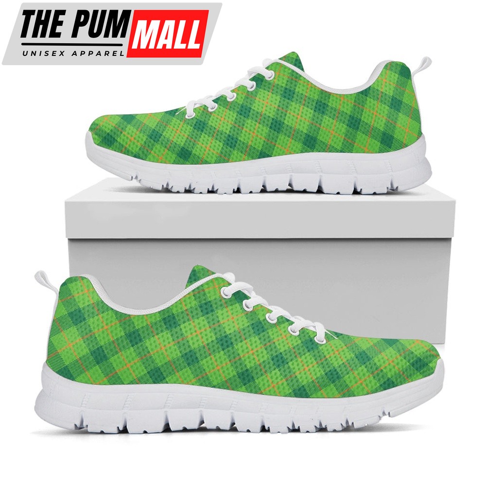 St Patrick’s Day Shoes, Saint Patrick’s Day Scottish Plaid Print White Running Shoes, St Patrick’s Day Sneakers