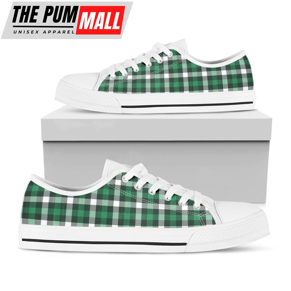 St Patrick’s Day Shoes, Saint Patrick’s Day Stewart Plaid Print White Low Top Shoes, St Patrick’s Day Sneakers