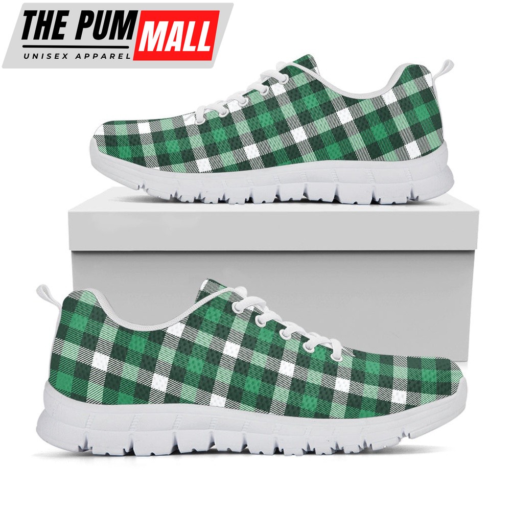 St Patrick’s Day Shoes, Saint Patrick’s Day Stewart Plaid Print White Running Shoes, St Patrick’s Day Sneakers