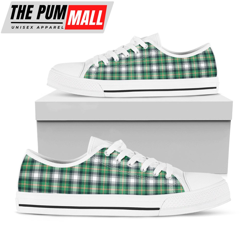 St Patrick’s Day Shoes, Saint Patrick’s Day Tartan Pattern Print White Low Top Shoes, St Patrick’s Day Sneakers