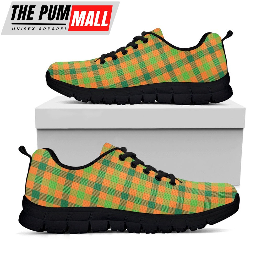 St Patrick’s Day Shoes, Shamrock Plaid Saint Patrick’s Day Print Black Running Shoes, St Patrick’s Day Sneakers