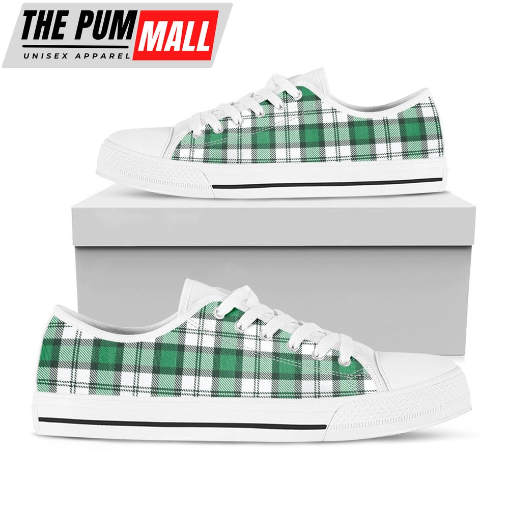 St Patrick’s Day Shoes, Shamrock St. Patrick’s Day Tartan Print White Low Top Shoes, St Patrick’s Day Sneakers