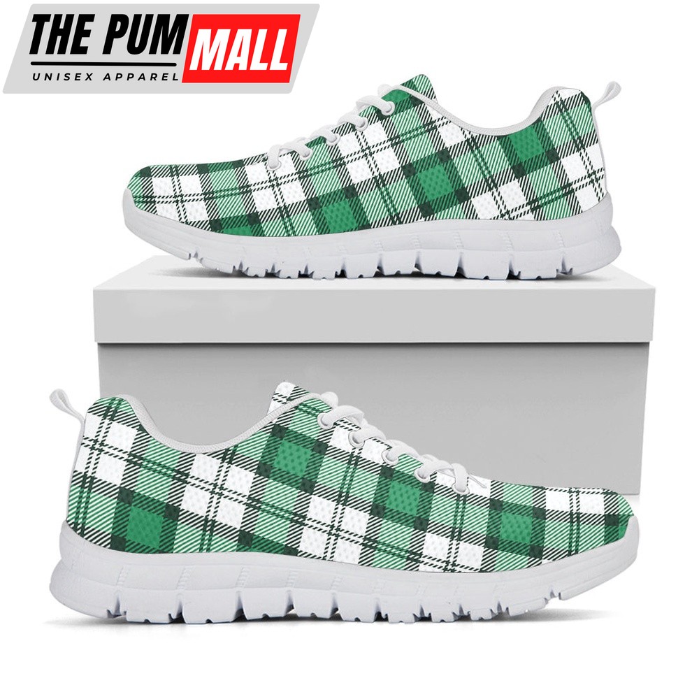 St Patrick’s Day Shoes, Shamrock St. Patrick’s Day Tartan Print White Running Shoes, St Patrick’s Day Sneakers