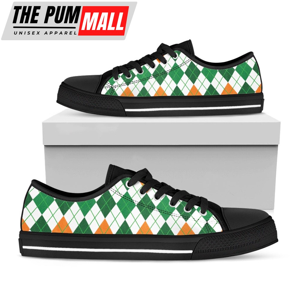 St Patrick’s Day Shoes, St Patrick’s Day Argyle Pattern Print Black Low Top Shoes, St Patrick’s Day Sneakers