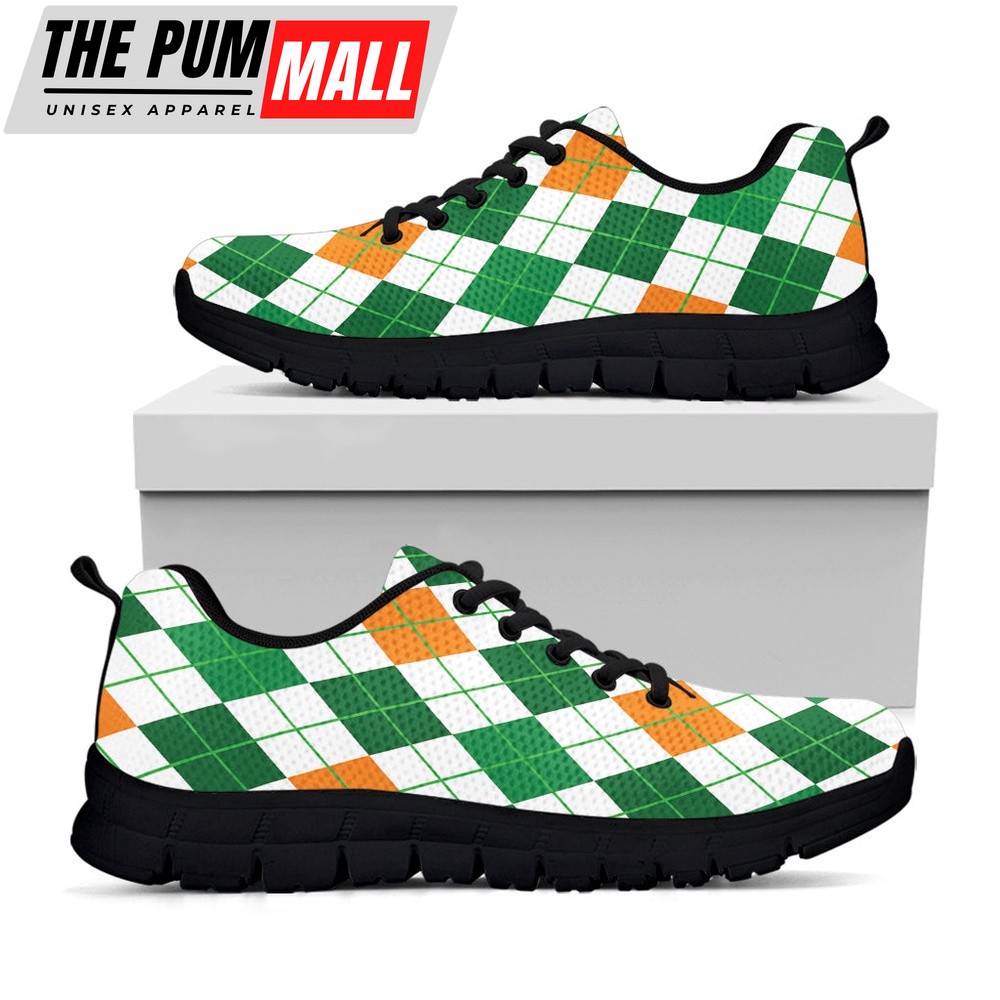 St Patrick’s Day Shoes, St Patrick’s Day Argyle Pattern Print Black Running Shoes, St Patrick’s Day Sneakers