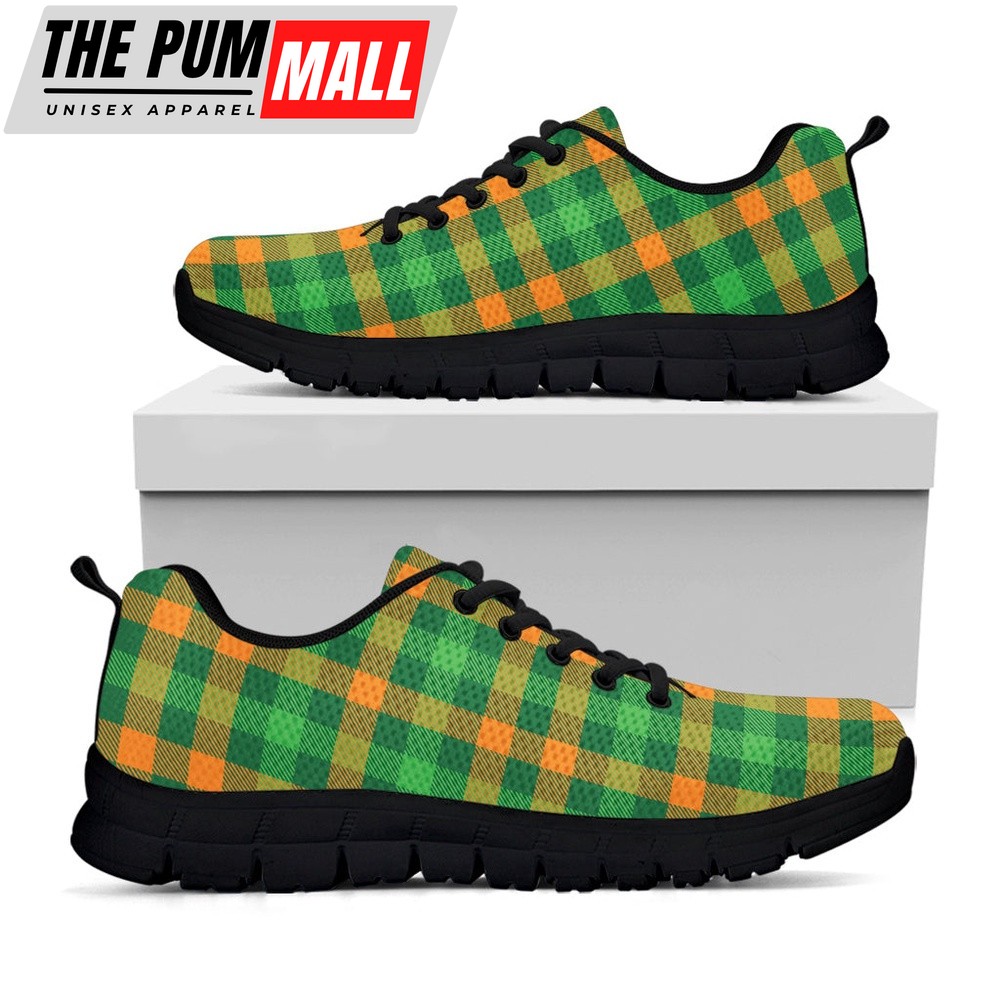 St Patrick’s Day Shoes, St. Patrick’s Day Buffalo Check Print Black Running Shoes, St Patrick’s Day Sneakers