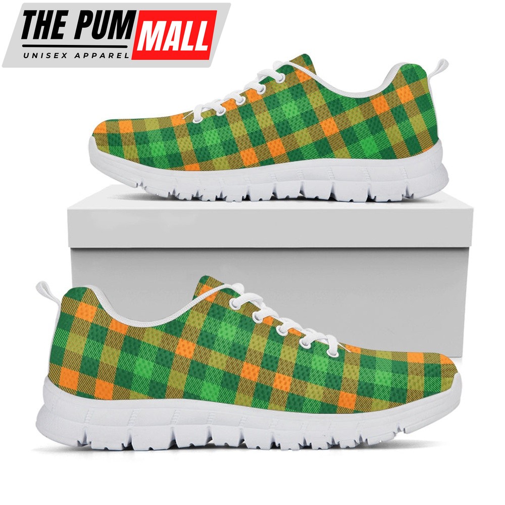 St Patrick’s Day Shoes, St. Patrick’s Day Buffalo Check Print White Running Shoes, St Patrick’s Day Sneakers