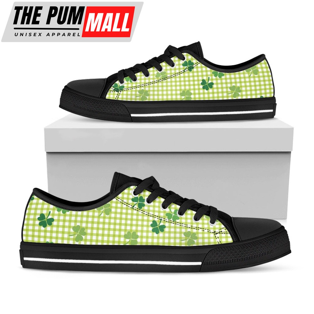 St Patrick’s Day Shoes, St. Patrick’s Day Buffalo Plaid Print Black Low Top Shoes, St Patrick’s Day Sneakers