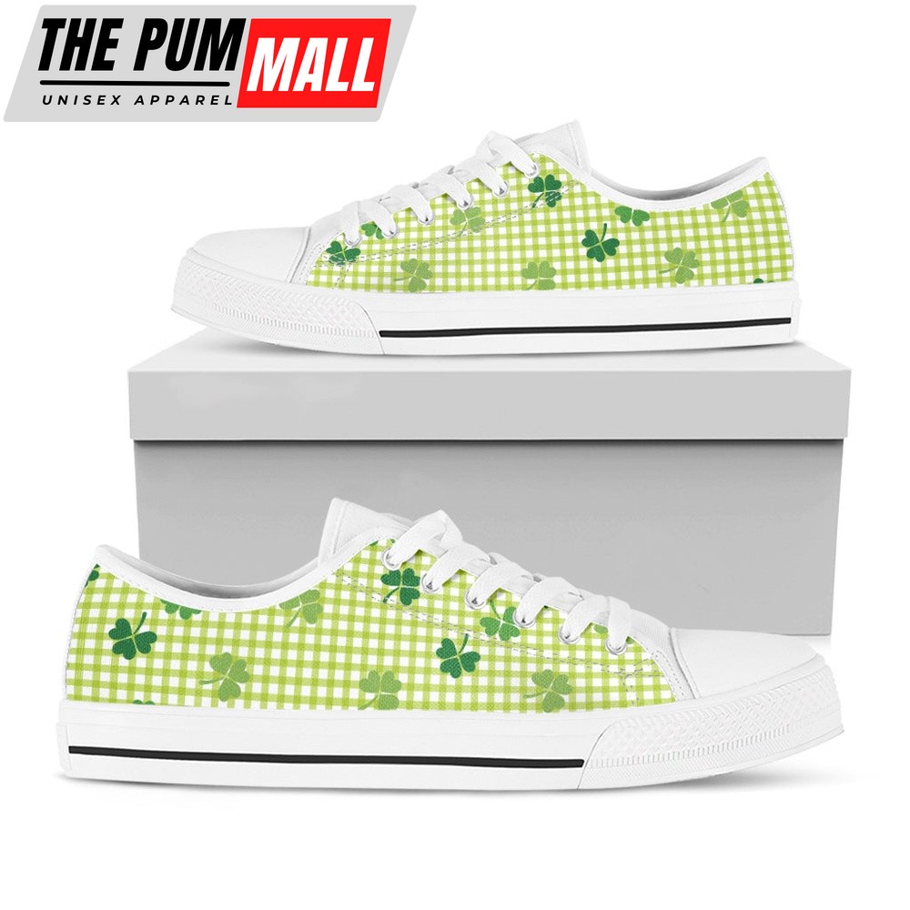 St Patrick’s Day Shoes, St. Patrick’s Day Buffalo Plaid Print White Low Top Shoes, St Patrick’s Day Sneakers
