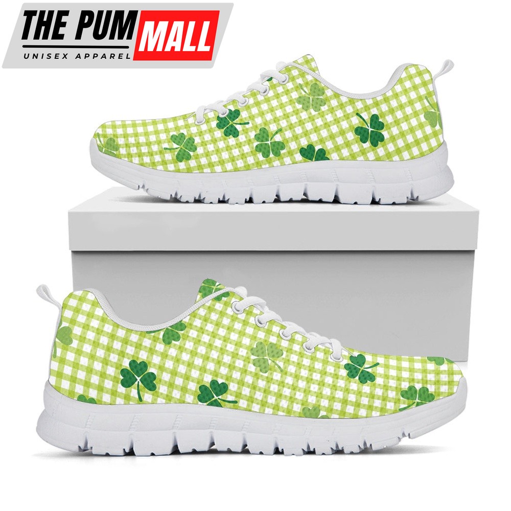St Patrick’s Day Shoes, St. Patrick’s Day Buffalo Plaid Print White Running Shoes, St Patrick’s Day Sneakers