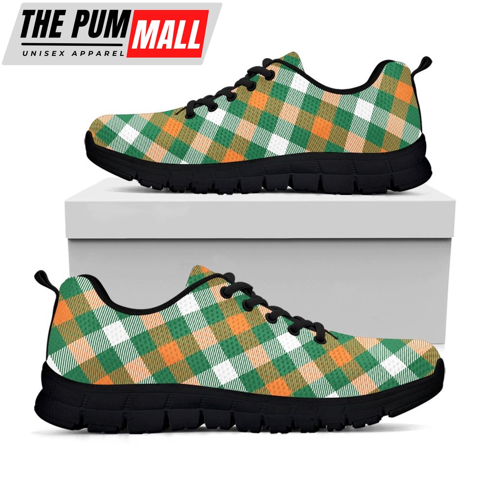 St Patrick’s Day Shoes, St. Patrick’s Day Plaid Pattern Print Black Running Shoes, St Patrick’s Day Sneakers