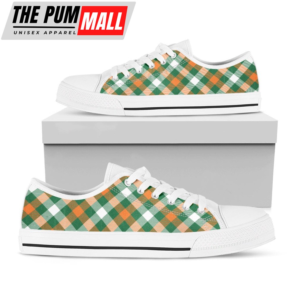 St Patrick’s Day Shoes, St. Patrick’s Day Plaid Pattern Print White Low Top Shoes, St Patrick’s Day Sneakers